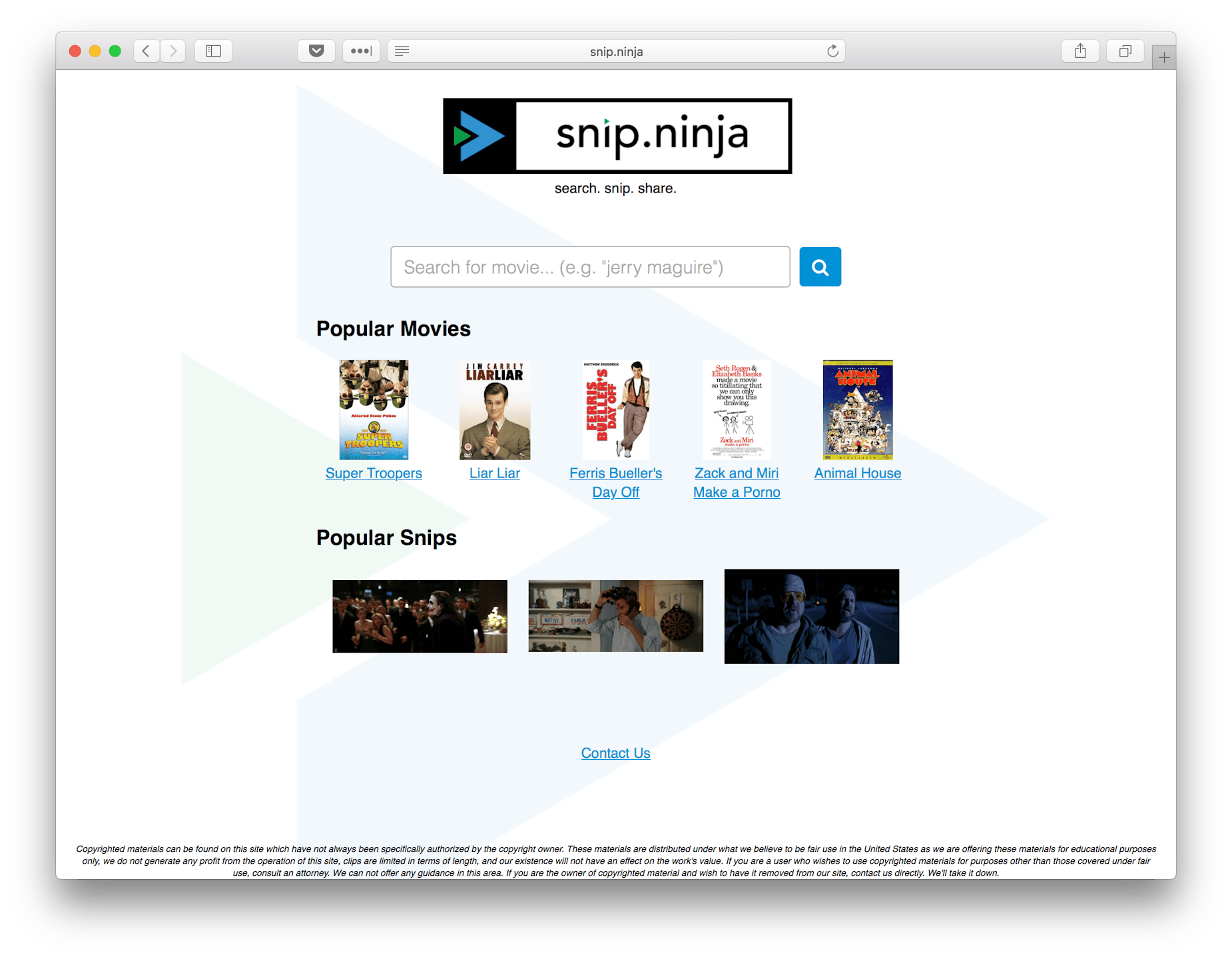 Screenshot of the original snip.ninja from 2016, showing the search bar, "Popular Movies" grid, and "Popular Snips" section.